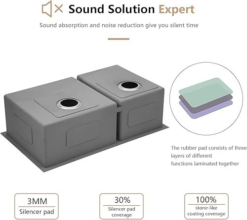 Miniatura 7 de Dcolora DC-U7730 - Fregadero de cocina de 33 pulgadas con doble tazón dividido 6040 de calibre 16 de acero inoxidable 304, esquinas redondeadas de