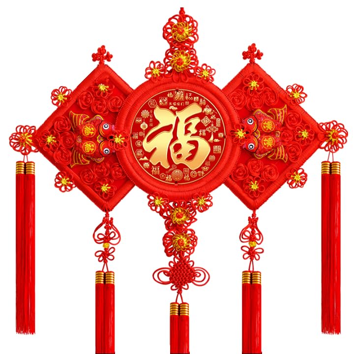 Nœud chinois rouge avec gland de décoration traditionnelle pour salon et porche - Lot de 4