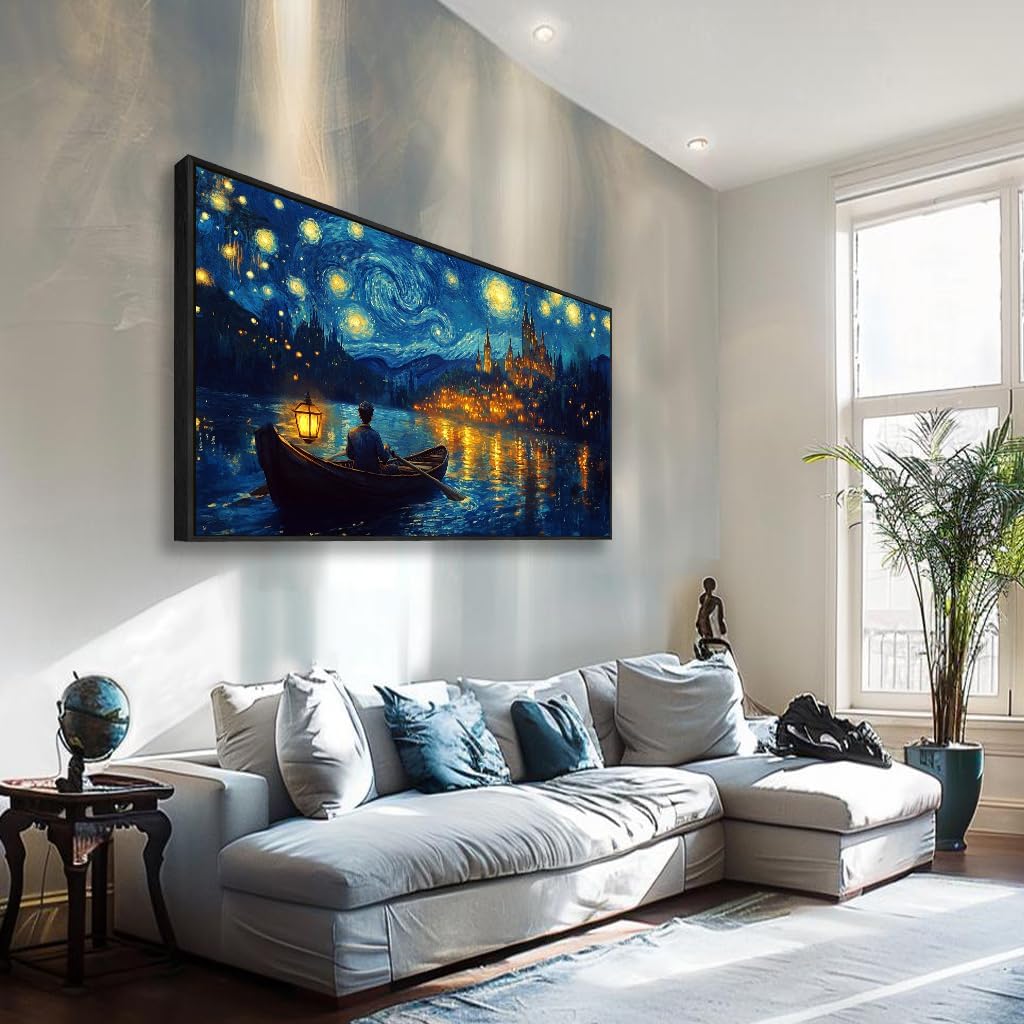 wall art canvas print starry night over the rhone by van gogh 30 x 58 inches framed home artwork decor canvas art painting living room for bedroom office wall decor 58"l x 30"w multicolor-1