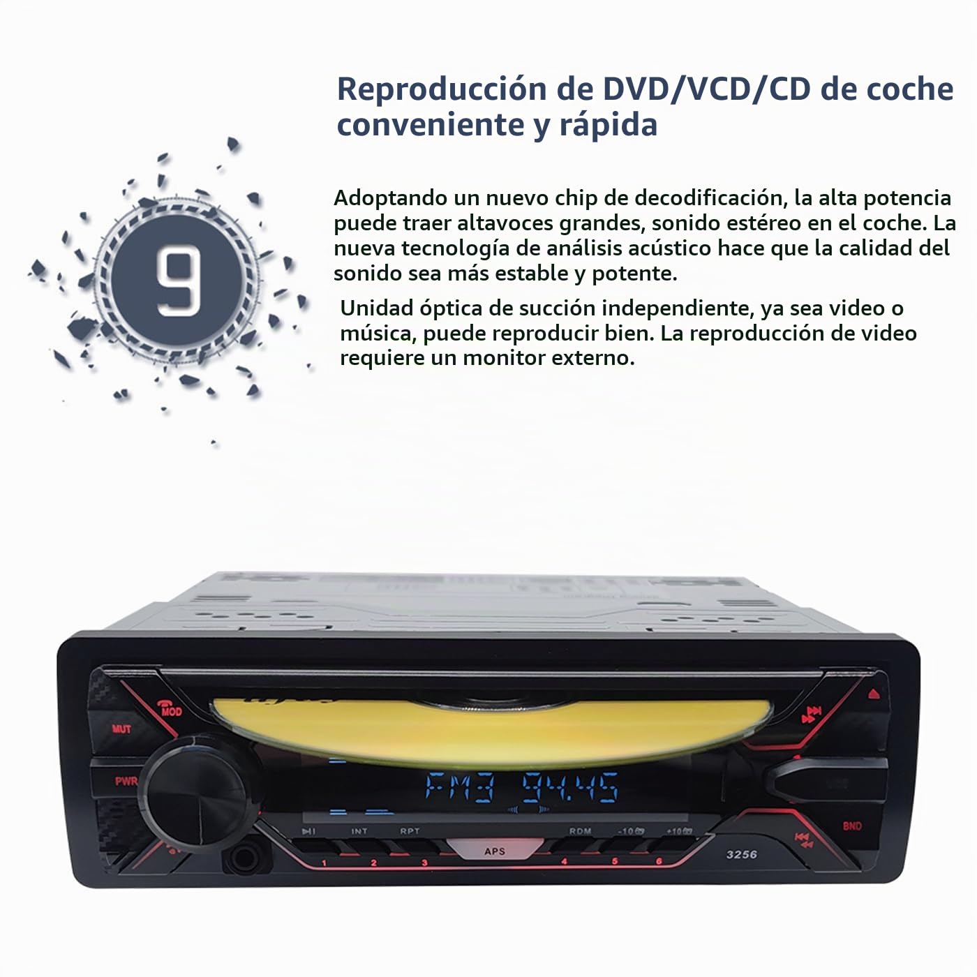 Radio de Coche 1 DIN Bluetooth MP3 estéreo Panel Desmontable Autoradio FM AUX IN USB Tarjeta SD DVD CD Reproductor de música
