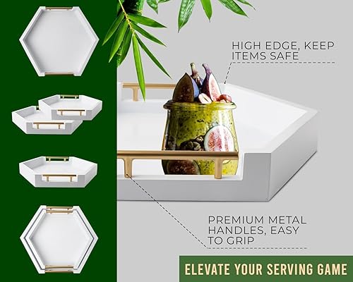 Miniatura 7 de Bandejas de servir de panal con asas doradas, juego de 2 bandejas hexagonales de bambú para anidar  Juego de bandejas grandes y pequeñas para