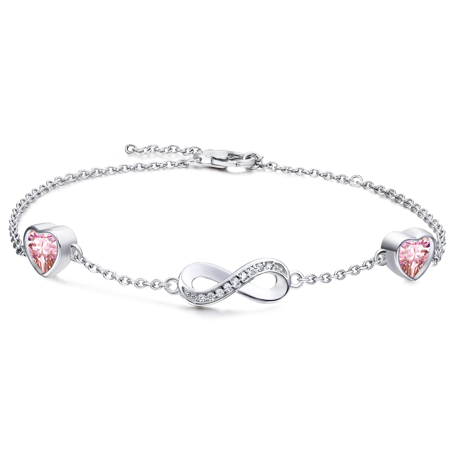 Qings Infinity Birthstone Bracelet 925 Sterling Silver Adjustable Infinity Symbol Heart Bracelets with 2 Cubic Zirconia Charms Friendship Bangle Birthday Jewellery Gifts for Women Girls