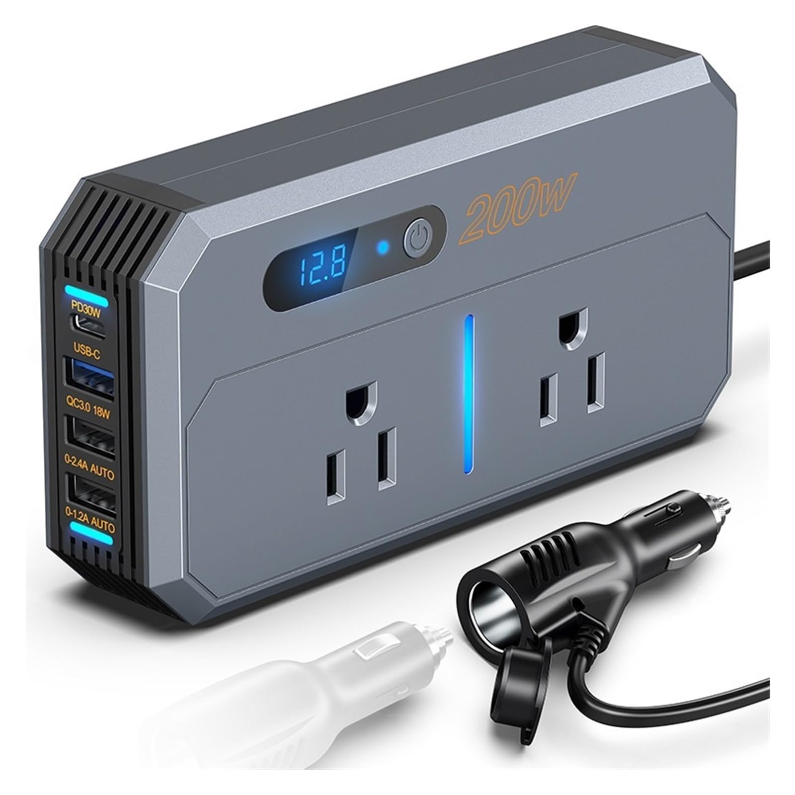 Falownik Mocy, 200W Inwerter samochodowy Zapalniczka samochodowa Szybkie ładowanie USB Konwerter zasilania Gniazdo PD Ładowarka samochodowa(7711s-12/24V)