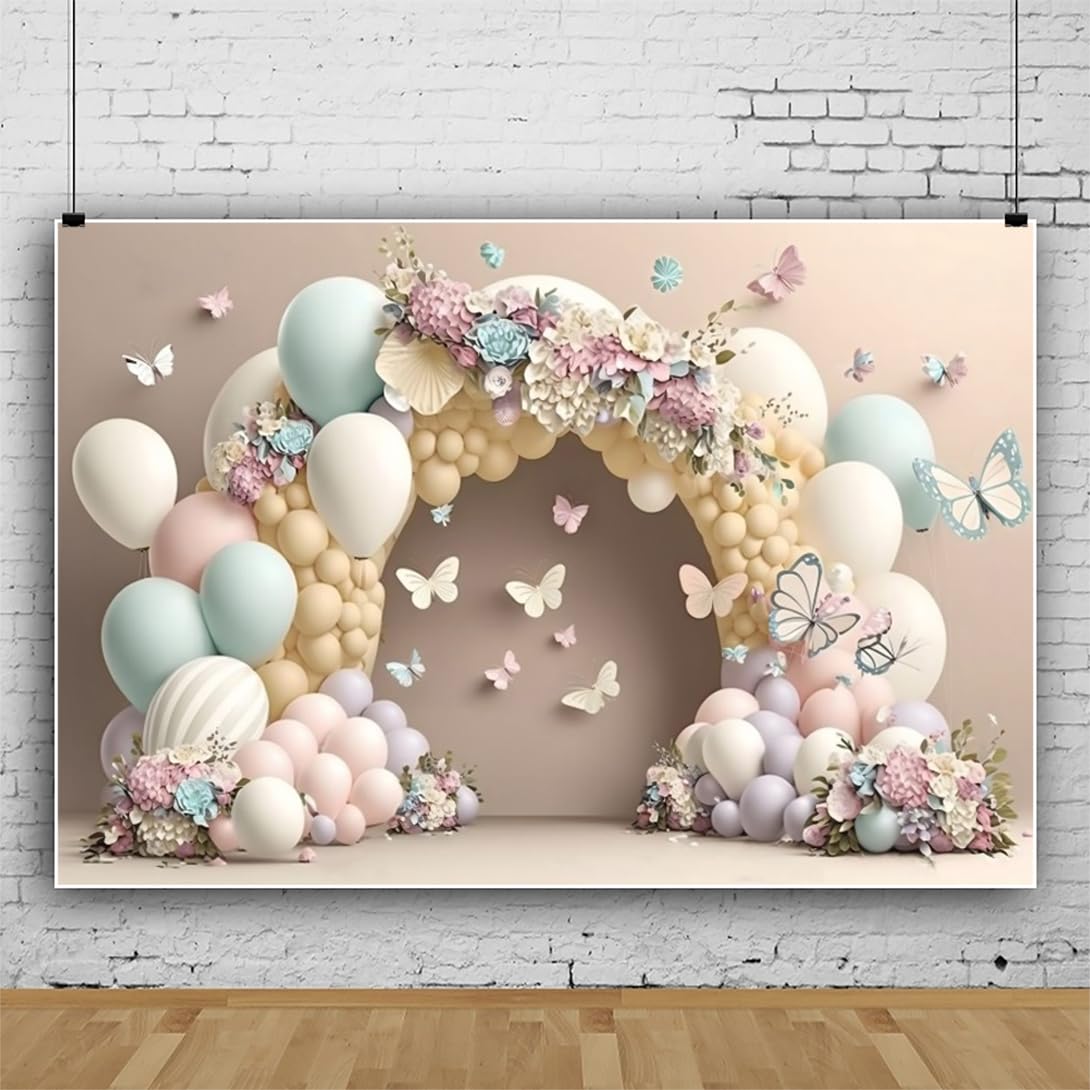 4,5x3m Sfondo fotografico compleanno ragazza 3D colorato palloncino fiore farfalla Sfondo per palloncini con fiori del paese delle meraviglie Bambini ritratto foto studio oggetti di scena