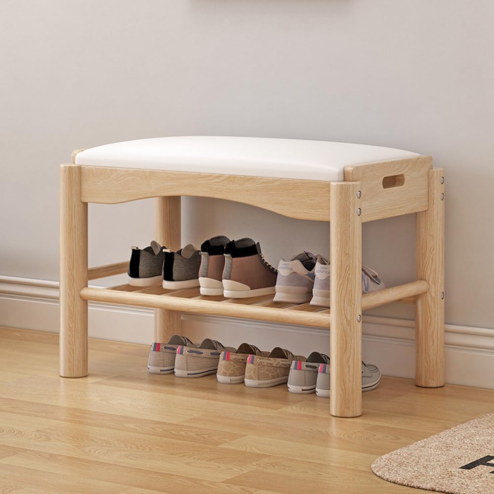 Schuhbank aus Holz, 2-stöckig, stabil, Aufbewahrungs-Organizer mit Sitzkissen, kleiner Schuh-Organizer (Original Holz)