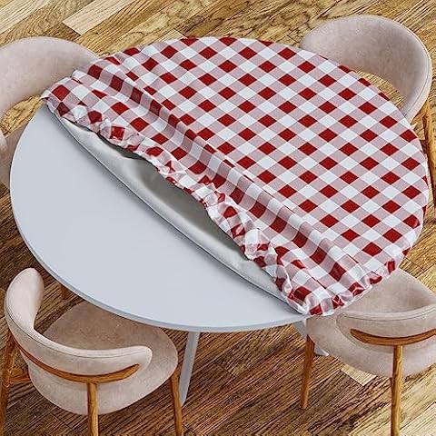 Sorfey Round Tablecloth -Fitted with Elastic, Vinyl with Flannel Back, Fits for Table 42 Inches Round,Water Proof, Easy to Clean, Checked Burgundy Design Cover