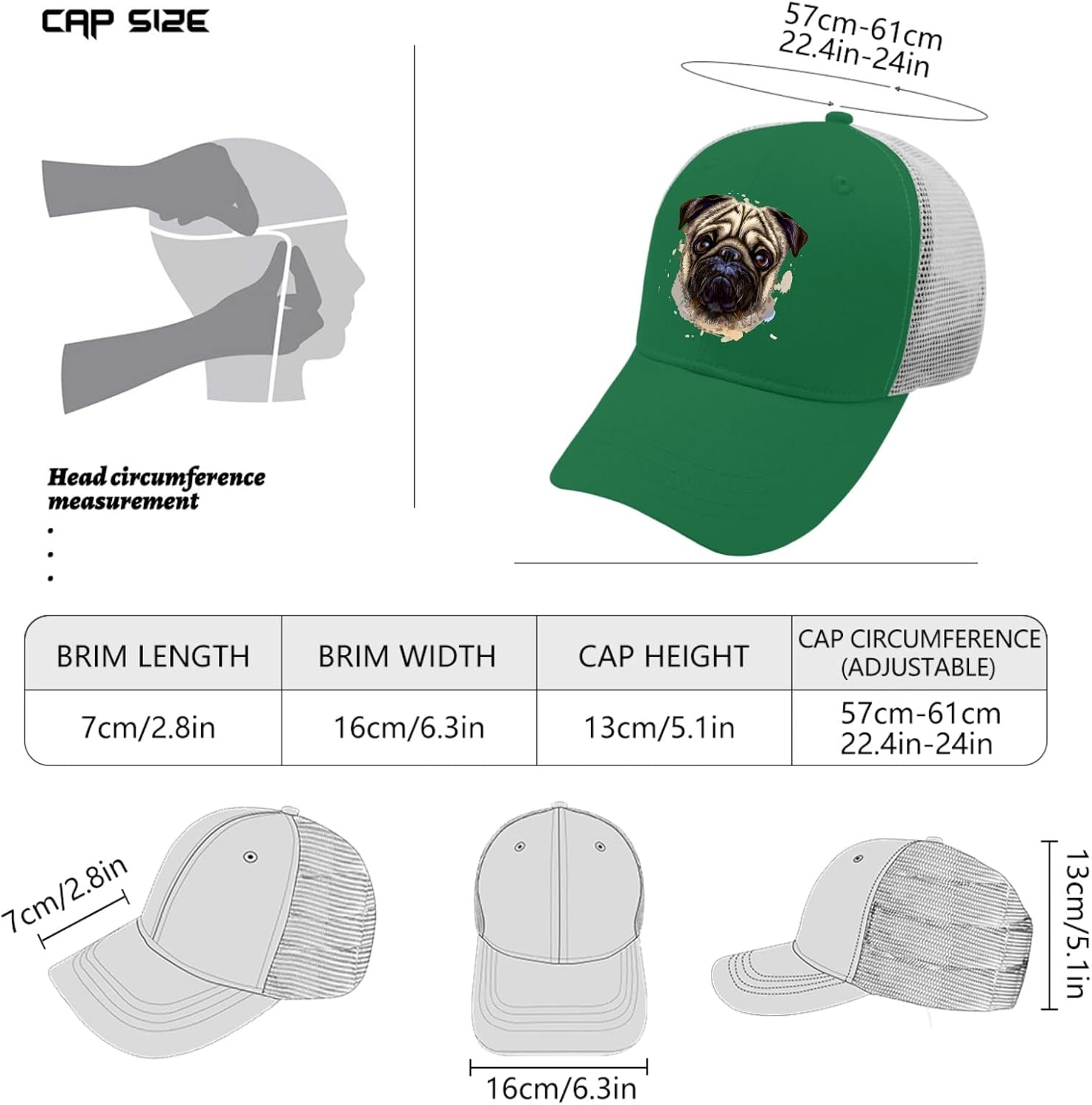 Miniatura 4 de Baseball Caps Pug Dog Dad Hat, Vintage Hats for Women