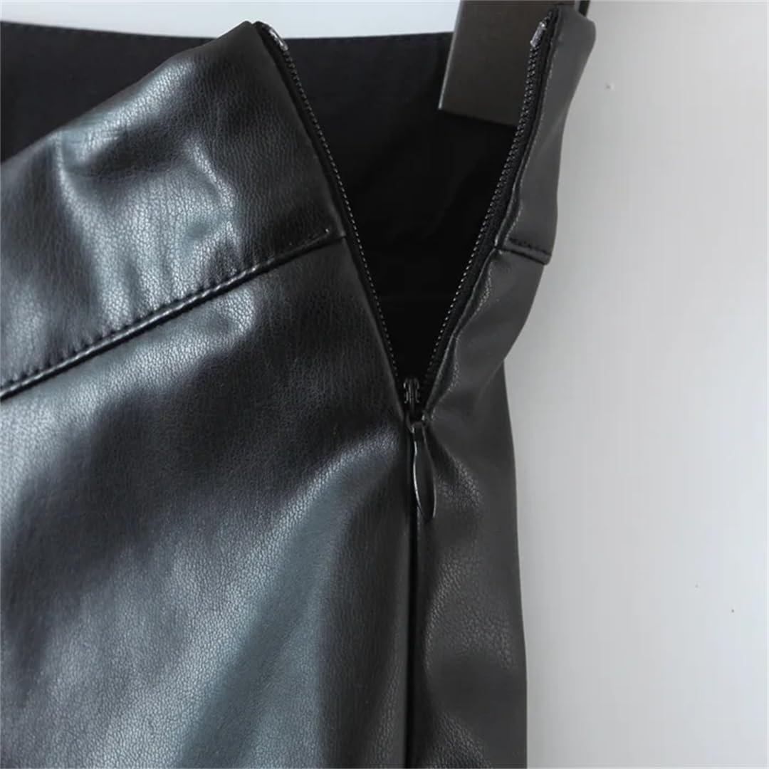 Falda corta de cuero para mujer, color negro, sexy, con abertura, delgada, cintura alta, acampanada, mini faldas
