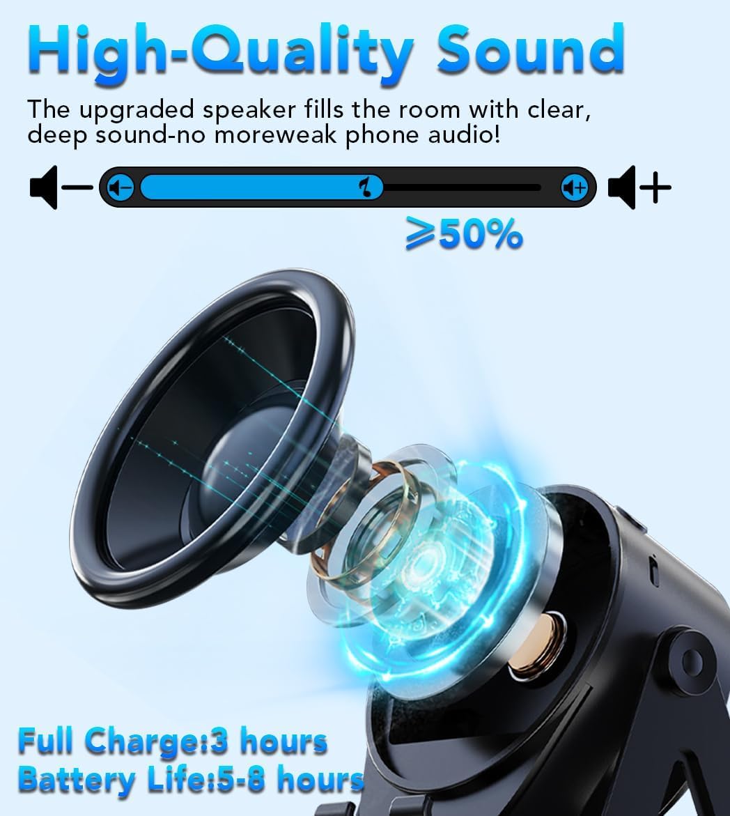 Altoparlante Bluetooth a induzione wireless 5 in 1 con supporto rotondo regolabile per telefono, altoparlante Bluetooth stereo multifunzionale, luce ambientale 8 RGB e lunga durata della