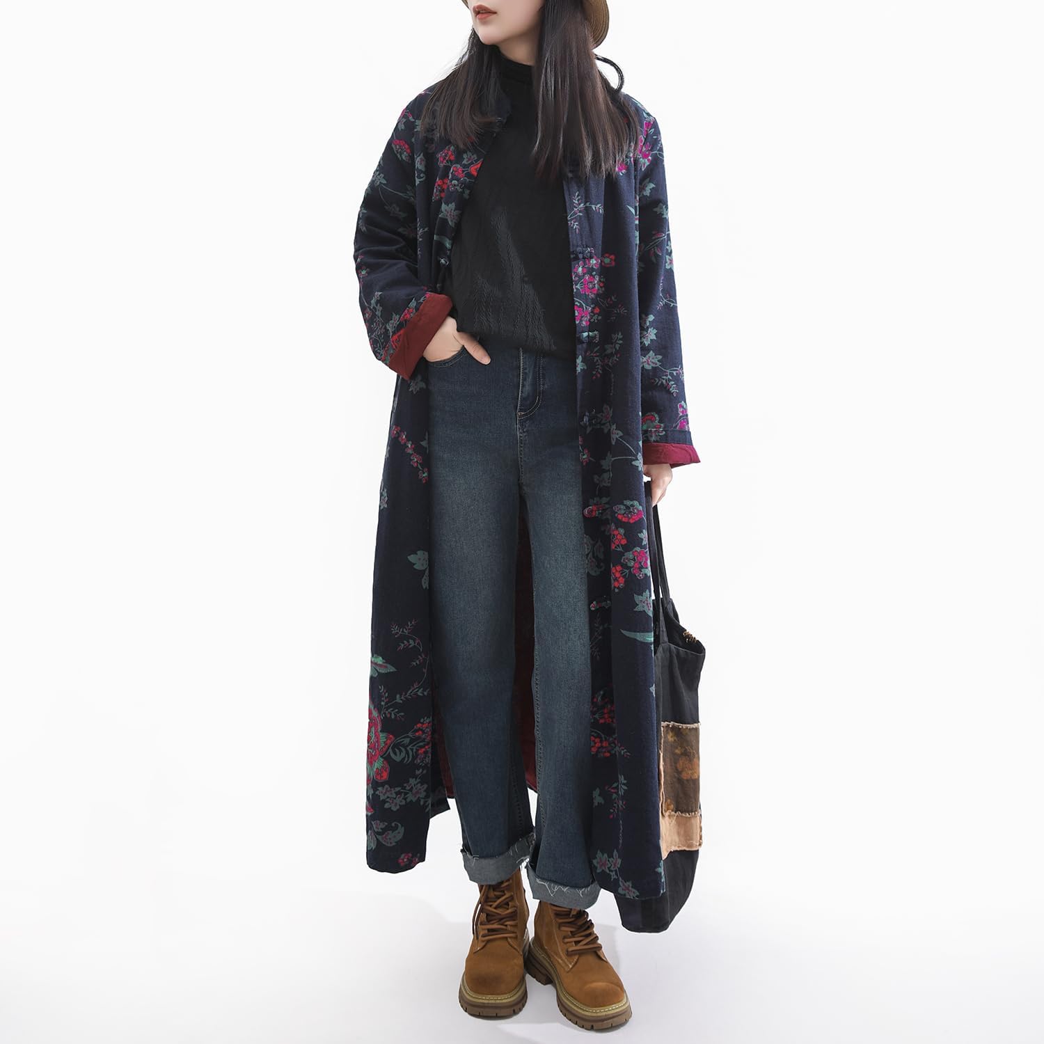 LZJN Women's Vintage Floral Trench Coat Plus Size Cotton Linen Boho Long Jacket with Pockets Outerwear - Image 4