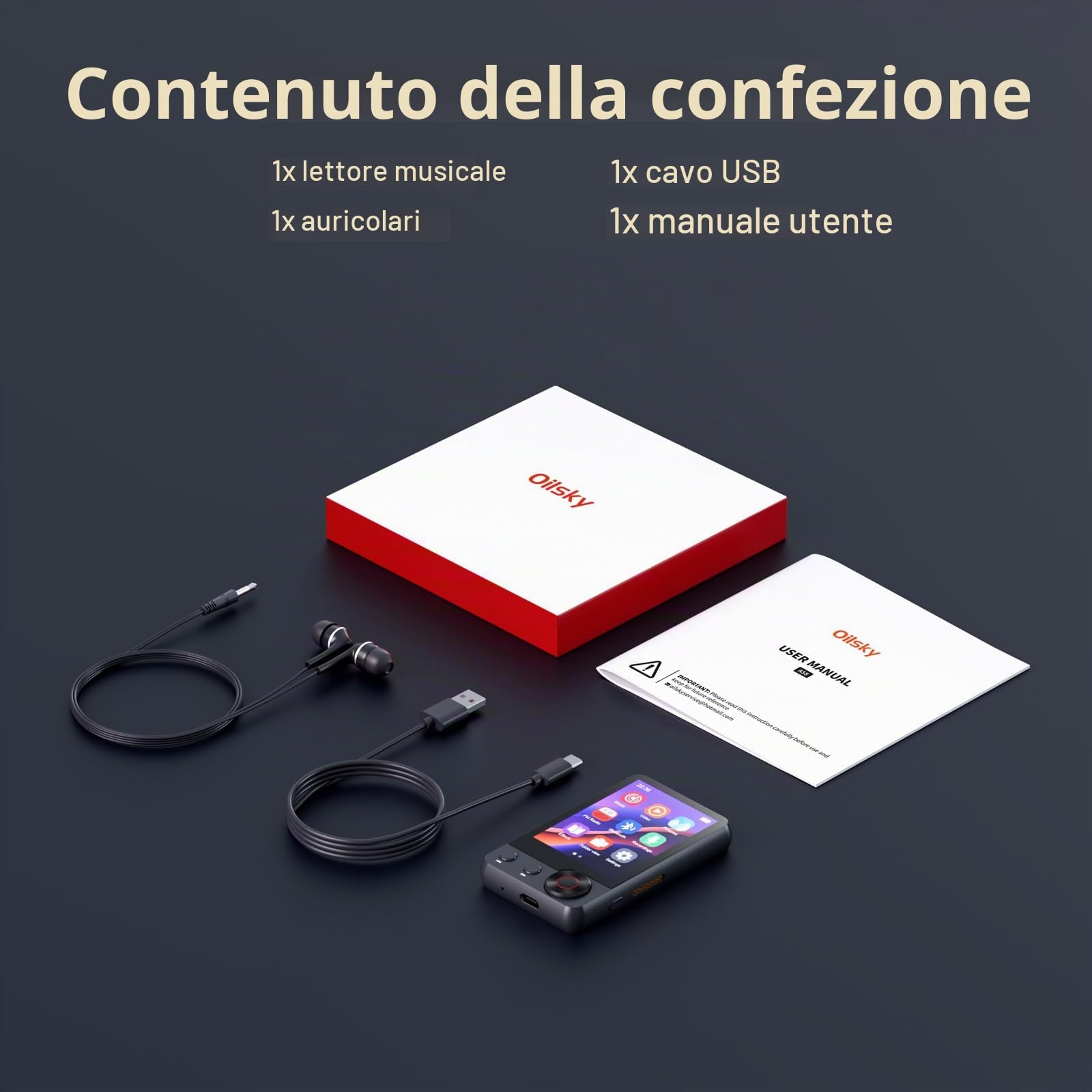 128GB Lettore MP3 con Bluetooth 5.3, Oilsky 2,4 pollici Portatile Touchscreen Lettore MP3 con Altoparlanti, Radio FM, Registrazione Vocale, Cuffie (grigio)