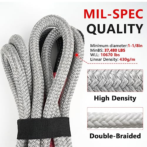 Image of NTR 1-1 /8 inch x 30' Kinetic Recovery Tow Rope (37,480lbs), with 2 UHMWPE Soft Shackles (40,980lbs), Heavy-Duty Offroad Snatch Strap, Vehicle Recovery kit for Jeep car Truck ATV UTV SUV, Grey