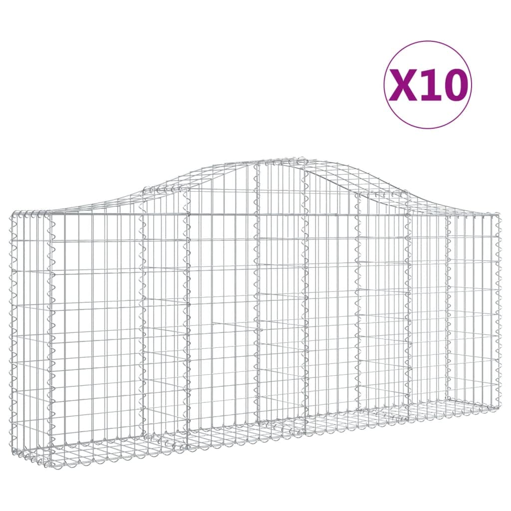 Kosze gabionowe łukowe 10 sztuk 200 x 30 x 80/100 cm ocynkowane żelazo, dźwiękochłonna bariera ogrodowa ze wzmocnionymi haczykami, średnica drutu 3,5 mm, oczka 5 x 10 cm, srebrny
