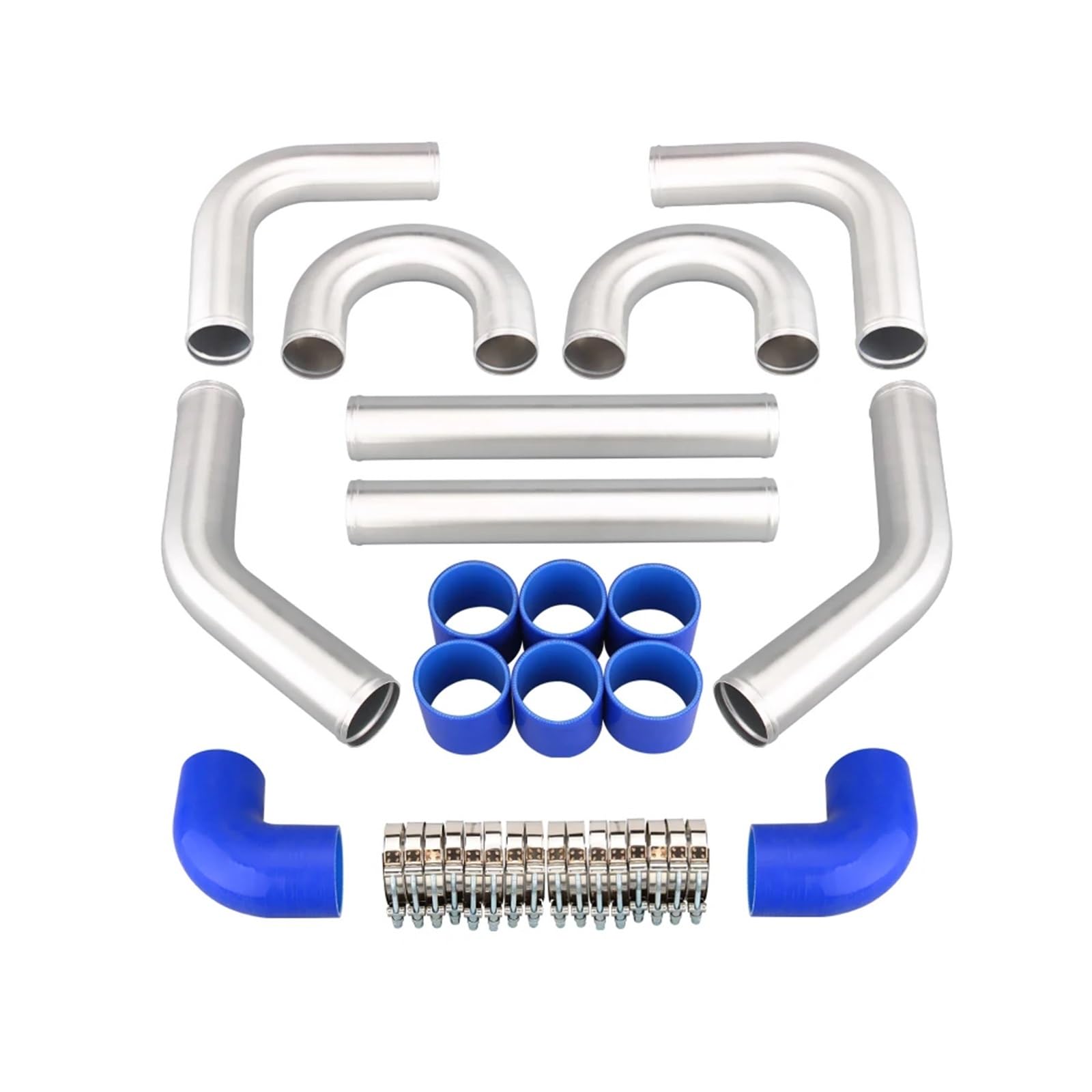 Tlvbfpg One Color Cooled Intercooler Turbo Intercooler Kit Chrome Aluminum Turbo Intercooler Piping Tube | 2.5" 63Mm Cooling System Kit With Blue Silicone Hoses & T-Clamps