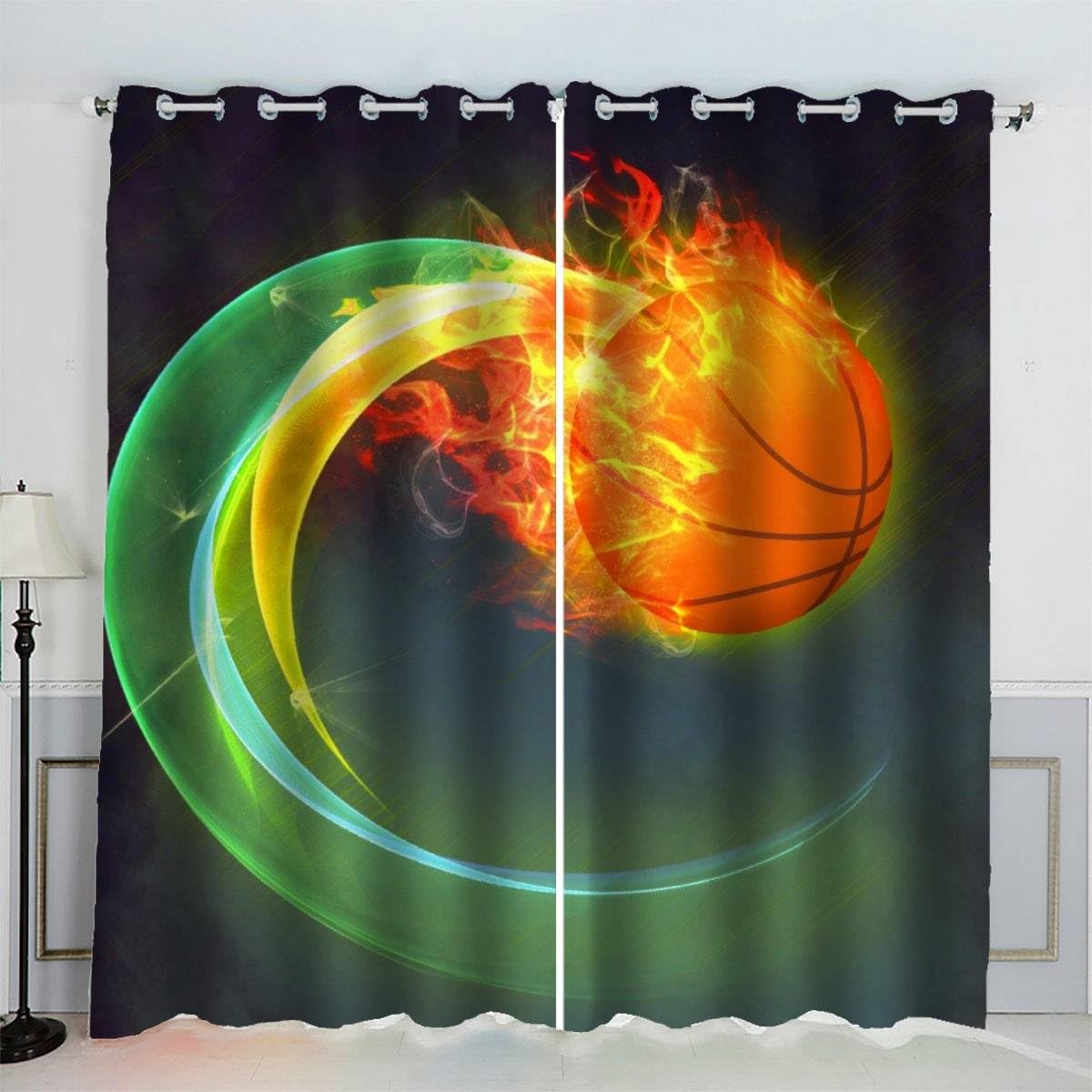 AKATIE Basketball Curtains Basketball Poster 3D Pattern Eyelet Thermal Insulated Room Darkening Blackout Window Drapes for Bedroom Living Room Home Decoration (W234xL137cm)