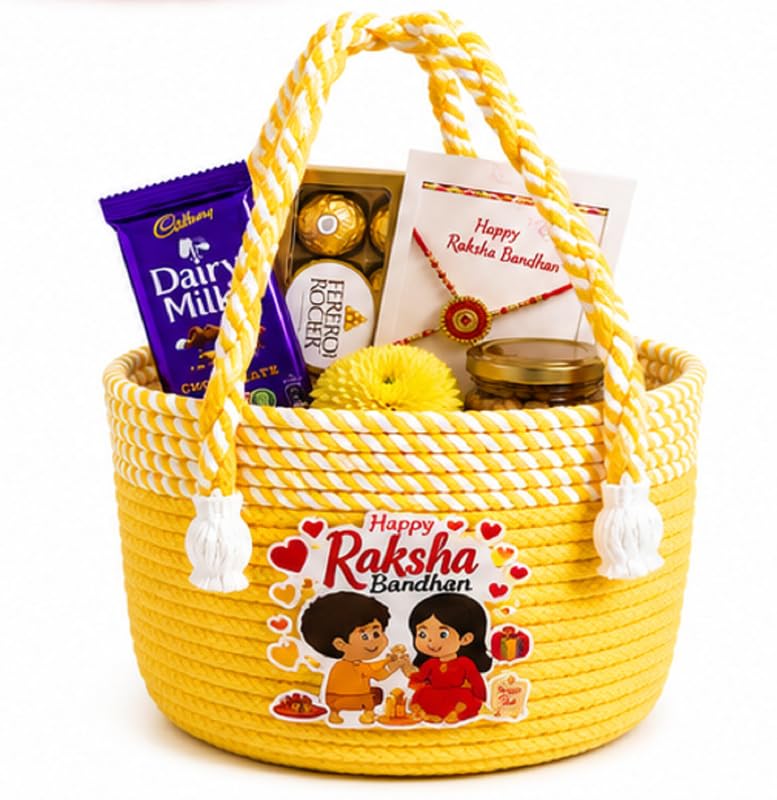 Image of BROOM Raksha Bandhan Gift Hamper Basket | Handmade Cotton Rope Storage Basket with Handle | Decorative Organizer for Chocolates, Dry Fruits, Return Gifts, Home Decor & Festive Celebration (Yellow)