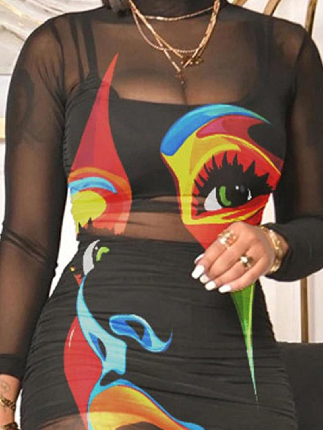 Women Sexy See Through Sheer Mesh Bodycon Midi Dress Long Sleeve Shorts 3 Piece Outfits Set Floral Print Cover Up - Image 3