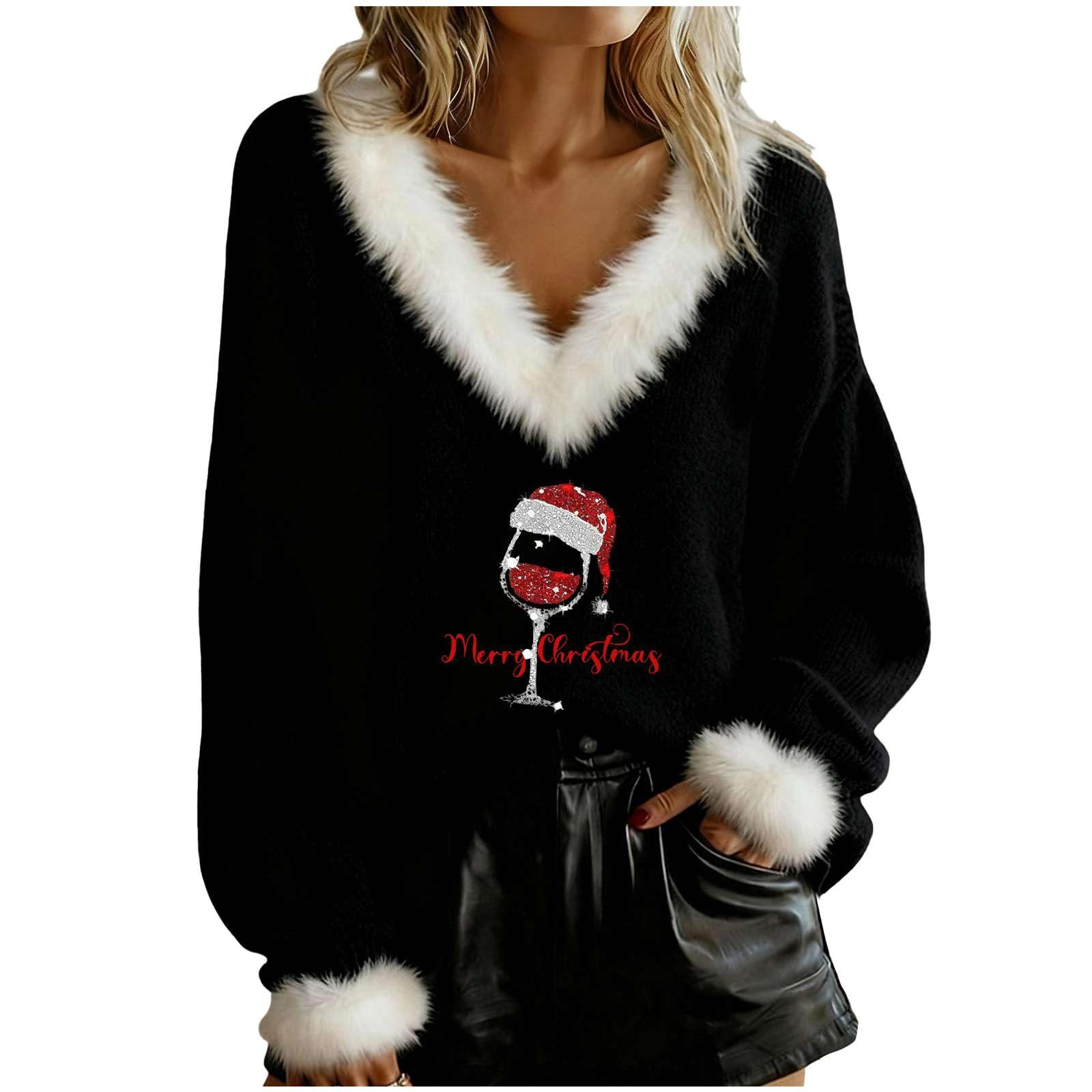 GDSAFS Christmas Sweater for Women Xmas V Neck Faux Fur Trim Pullover Casual Loose Cozy Warm Fall Winter