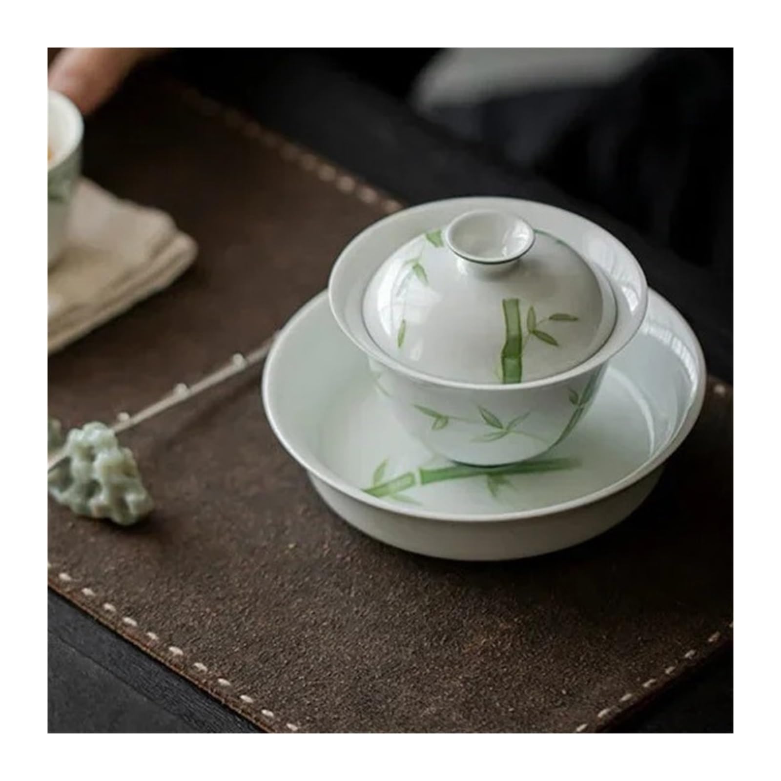1 chinesische Teeschale aus Porzellan mit Deckel und grünem Bambus-Design