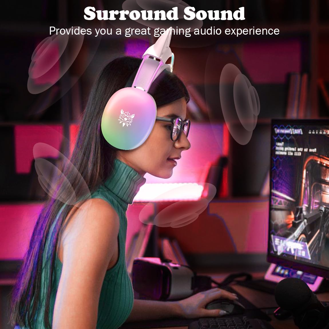 Cuffie da gioco con orecchie di gatto con microfono, illuminazione arcobaleno RGB, suono surround, cuffie over-ear cablate da 3,5 mm per PC/interruttore/laptop, fascia leggera e regolabile