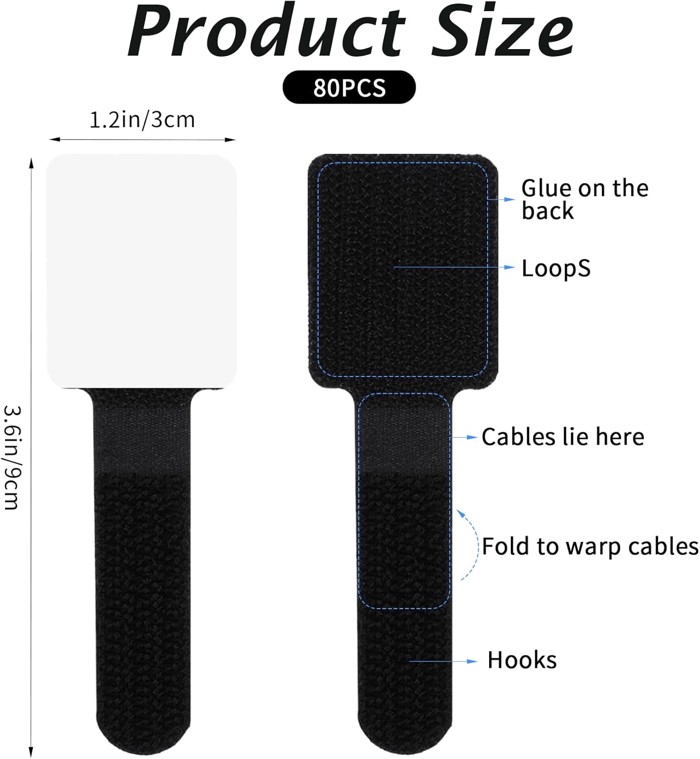 80Pcs Cable Strap, Self-Adhesive Hook and Loop Cable Ties for Under Desk Cord Management, Reusable & Adjustable Wire Organizer for Home, Office, Car (Black)