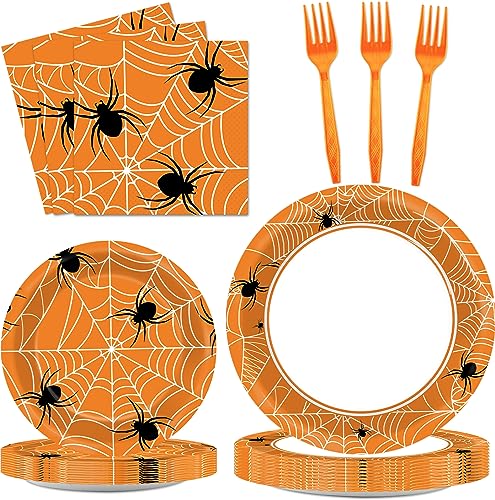 Image of 100 Pcs Spiderweb Party Plates and Napkins - Black and White Halloween Tableware Set for 25 Guests