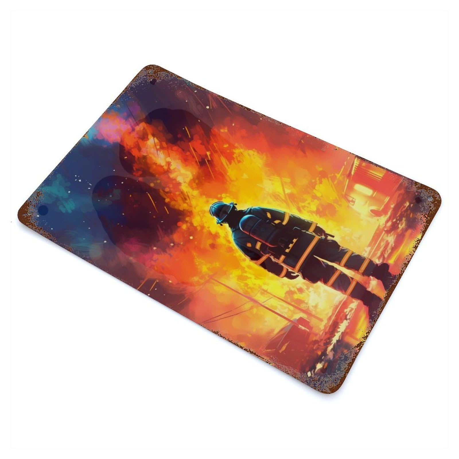 Garage Style Firefighter Flame Rust Effect Tin Sign 11.8"x7.9", Classic Wall Plaque for Bar And Workshop