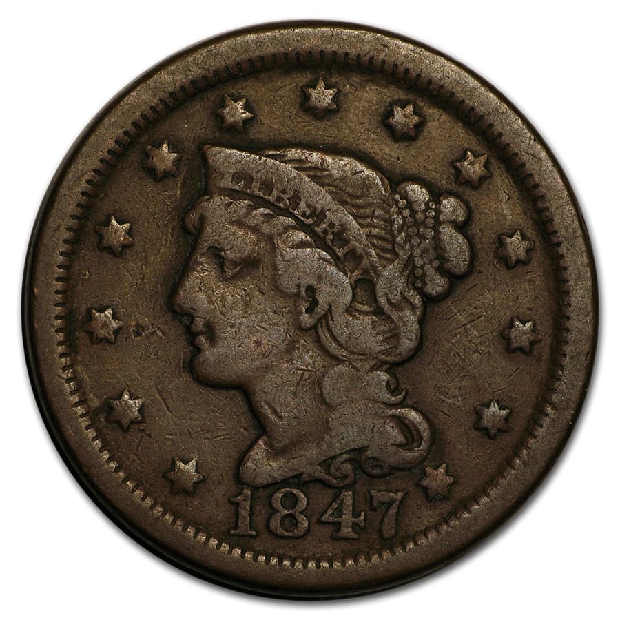 Braided Hair Large Cent Coin - Circulated Condition Random Date & Mint Mark 1839-1857 Copper