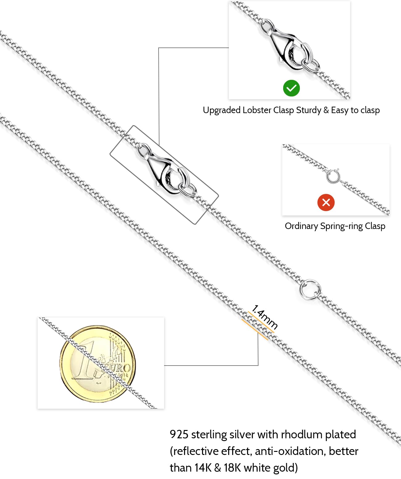 OSTAN Catena in Argento Sterling 925 da Donna Senza Ciondolo Cuban Catena Larghezza:1,4 mm Lunghezza:40cm-75cm