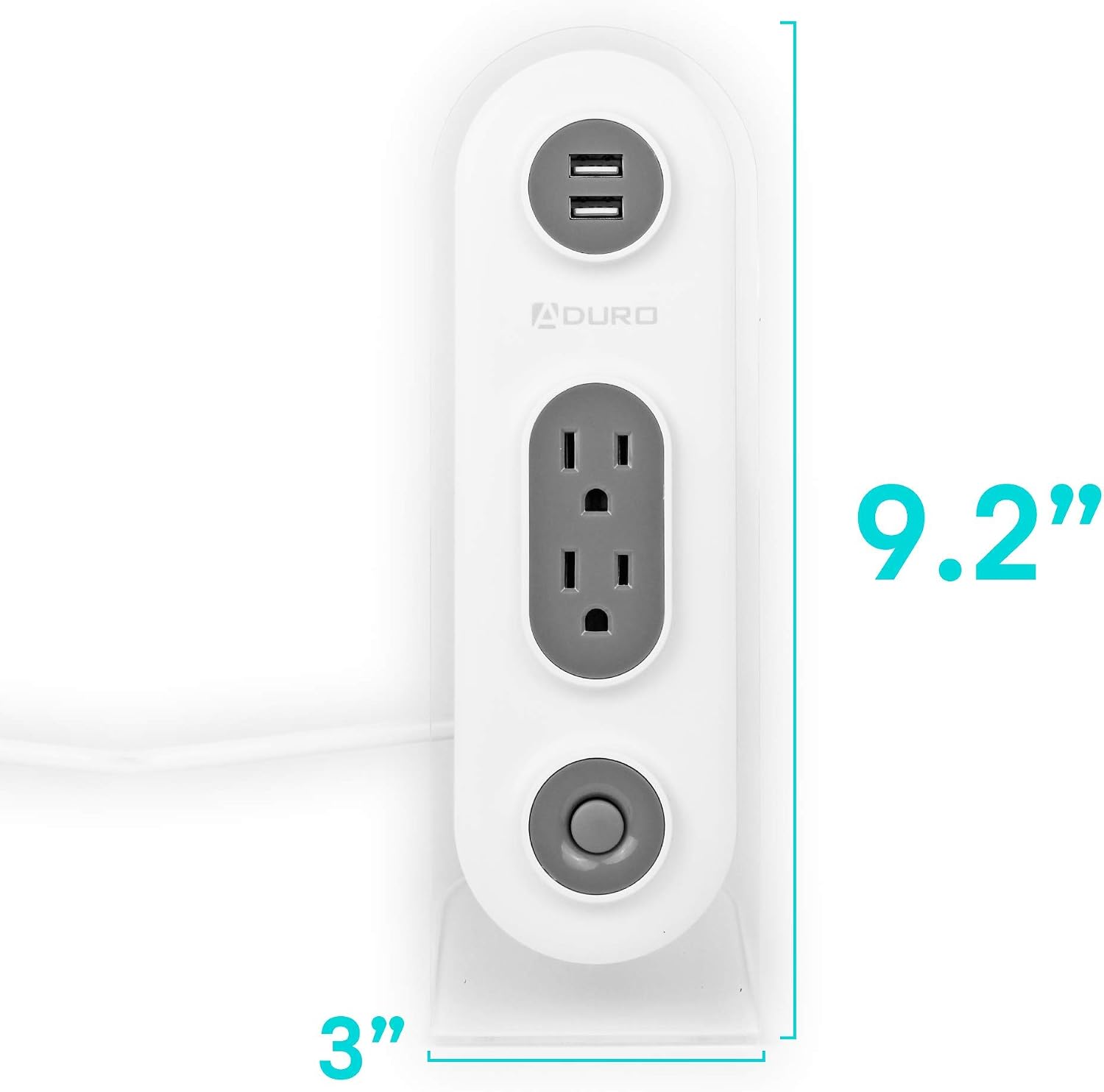 Aduro Dual USB 2 Outlet Power Strip Charging Desktop Stand Hub Extension for Phone, Laptop, with Surge Protection, Power Button, 4ft Cord - White/Grey