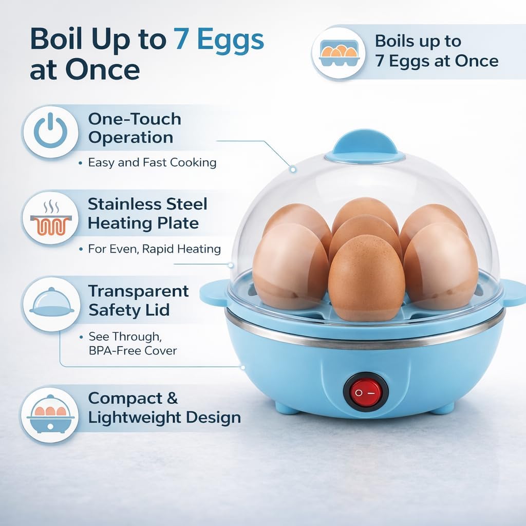 Smart Deal Hub Electric Egg Boiler, 7 Egg Capacity, One-Touch Operation, Stainless Steel Heating Plate, Transparent Lid, Blue, Compact Kitchen Appliance