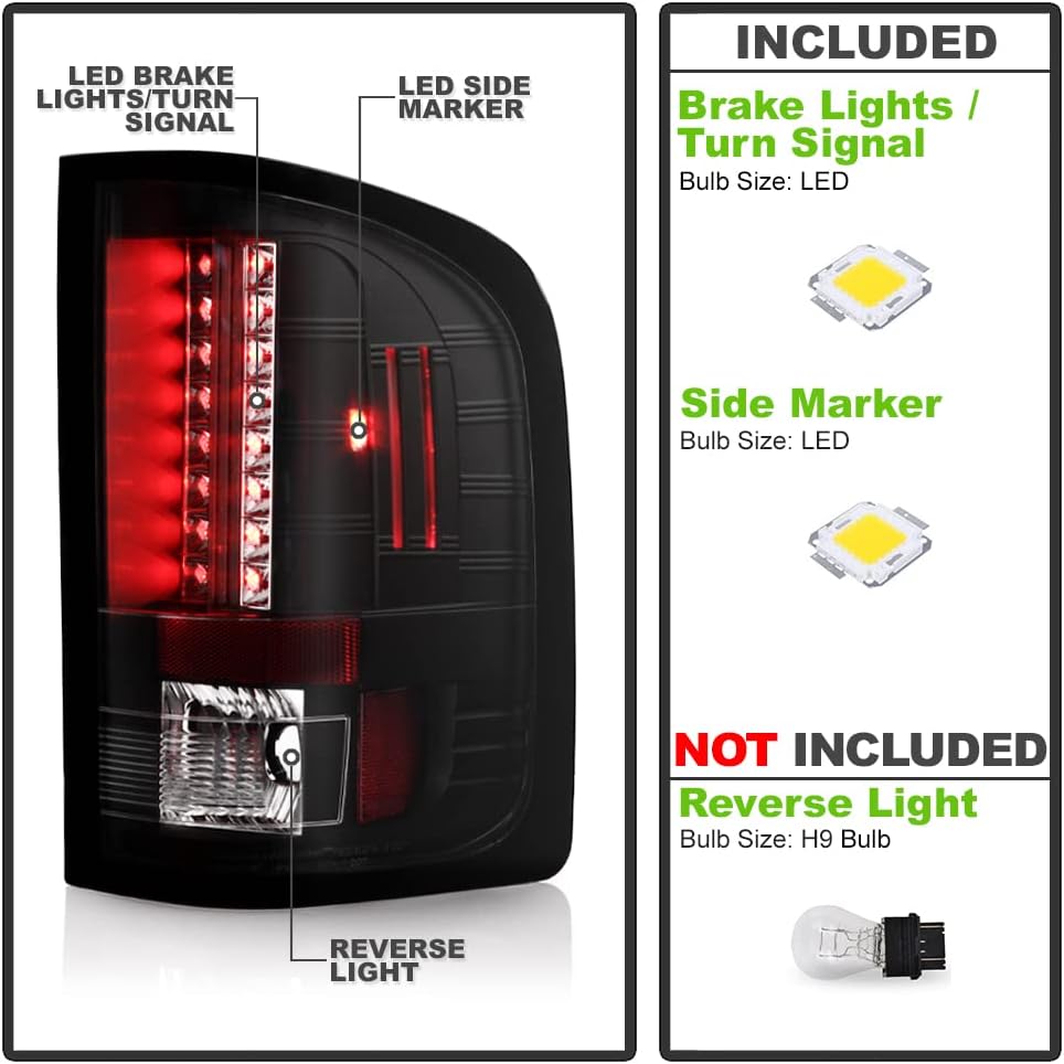 ACANII - For 2007-2013 Chevy Silverado 1500 2500HD 3500HD Black LED Tail Lights Brake Lamps Pair Set Driver & Passenger