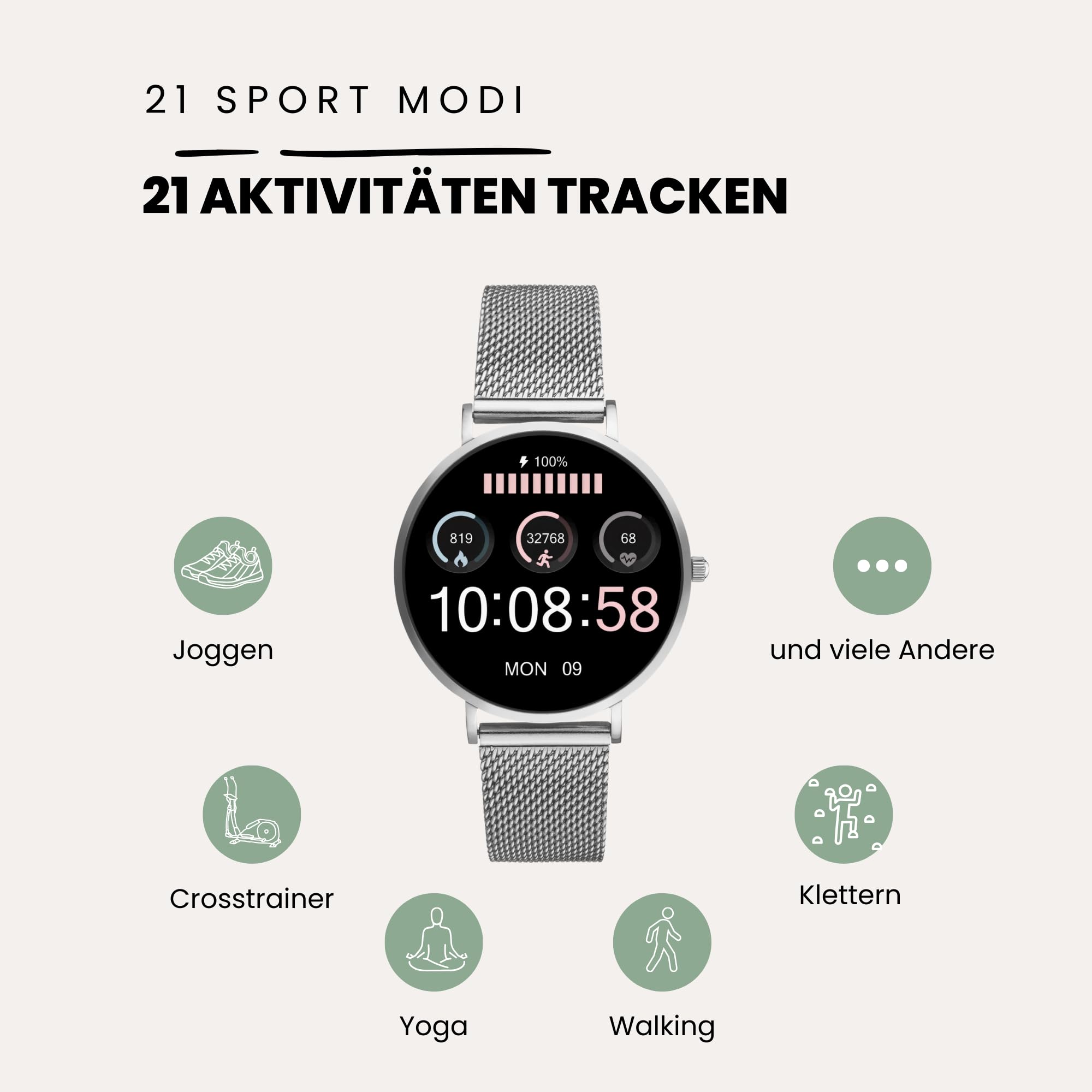 XCOAST SIONA 2 Nano Silber 37mm AMOLED Smartwatch Damen Fitness Tracker Wasserdicht Puls Blutdruck Blutsauerstoff 7 Tage Akku