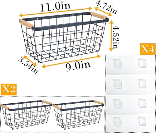 Miniatura 2 de Cestas colgantes de metal negro con asa, organizador de almacenamiento de pared de alambre con ganchos, cestas adhesivas para cocina, baño,