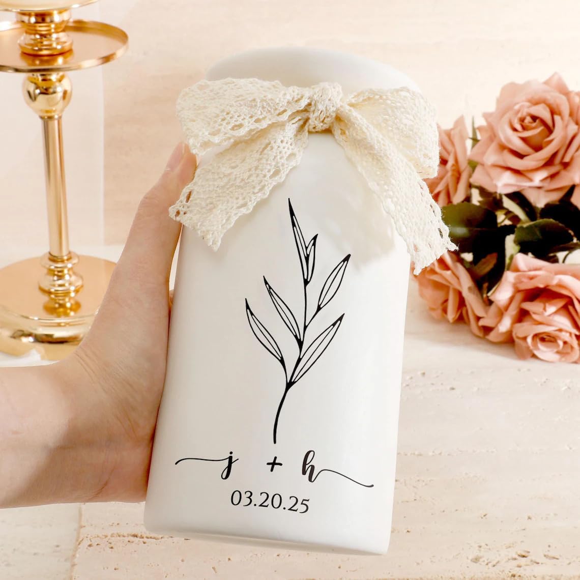 Personalized Wedding Vase with Custom Names and Date, White Ceramic Flower Bottle with Lace Bow, 3 Sizes.