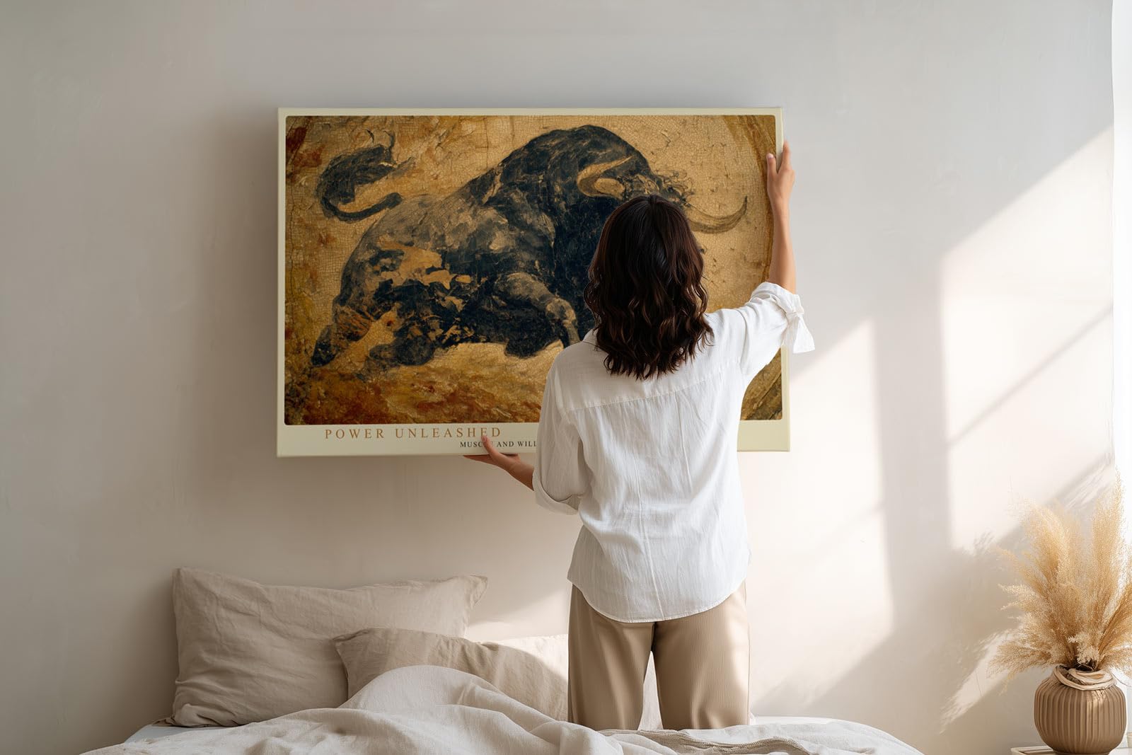 Paul Sinus Wandbild 120x80cm kraftvoller Stier abstrakte Tierkunst in warmen Braun Gold Toenen dynamische Leinwand Wanddekoration modernes Kunstbild fuer Wohnzimmer Büro