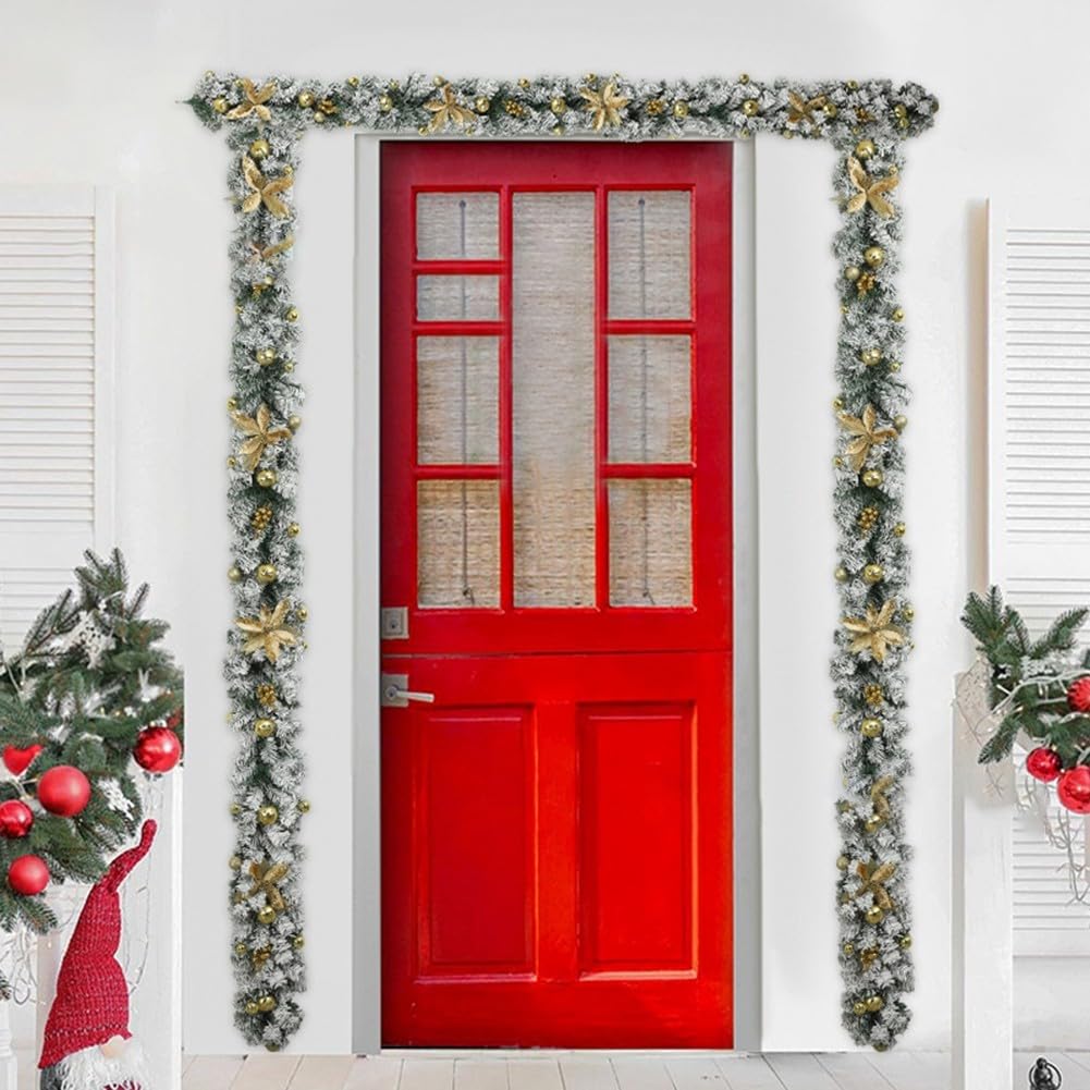DAZZLEEX Weihnachtsgirlande, PVC-Kiefer mit goldfarbenen Kugeln, weißen Ornamenten und silbergrünen Akzenten für Kaminsims, Tür, Treppe, festliche Heimdekoration, hängender Anhänger (2,7 m, Silber)