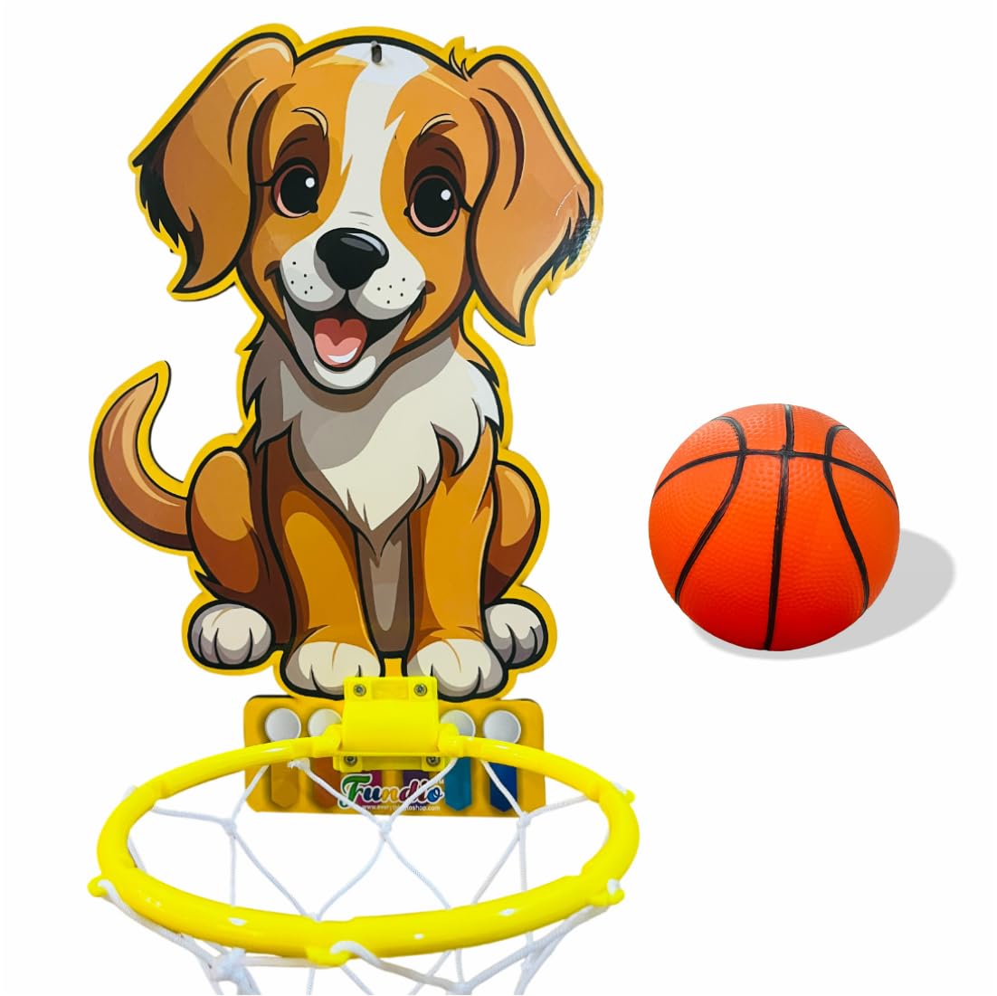 Fundio Kids Mini Basketball Hoop Set with Puppy Design, Yellow and White Net, Wall-Mountable, Dog Face Basket Ball for Kids for Boys and Girls | Toy Basketball 3