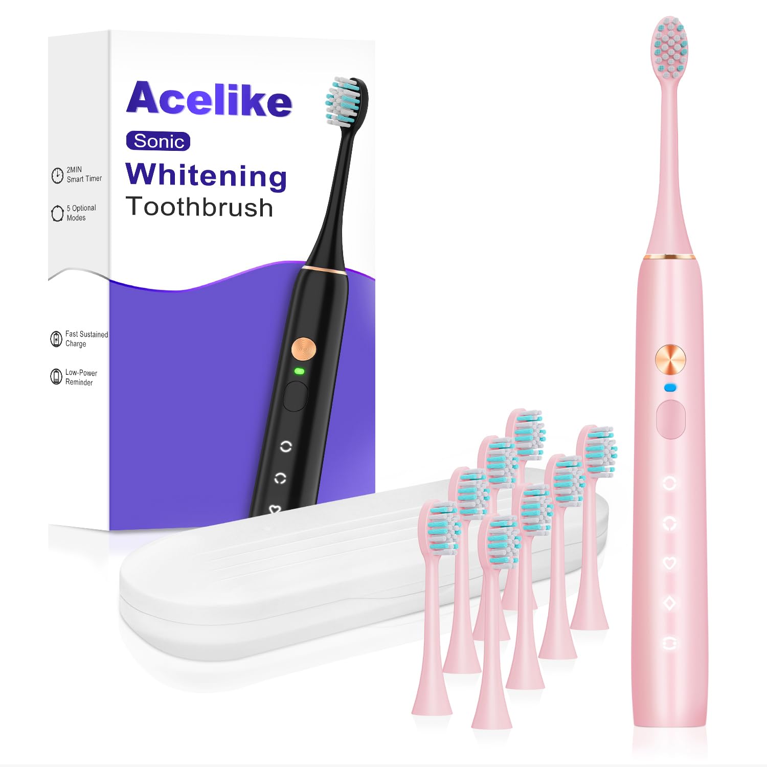 Sonic Electric Toothbrush for Adults and Kids, Rechargeable Toothbrush with 8 Brush Heads & Travel Case, 5 Modes & 2 Minute-Timer, 45000VPM Deep Clean, IPX7,One Fast Charge Last 120 Days - Pink