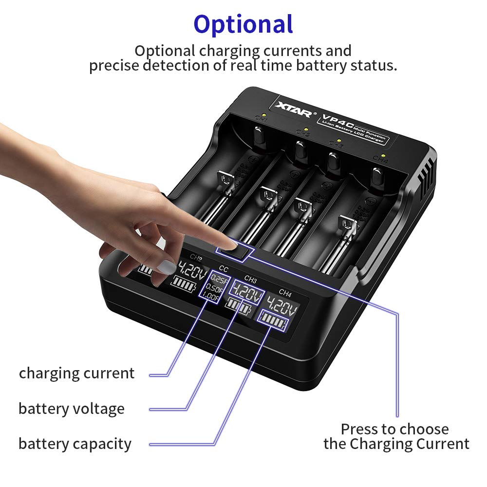 XTAR VP4C 18650 Caricabatteria universale con display LCD a 4 baie per 10440 18700 20700 21700 22650 25500 26650 32650 batterie Mostra tensione della batteria corrente capacità