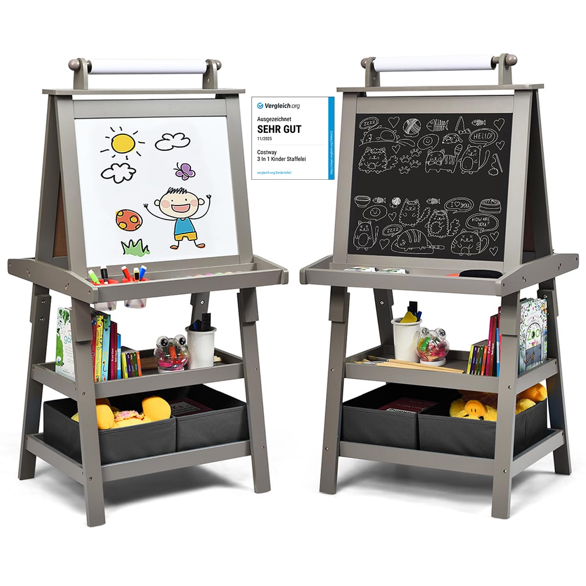 COSTWAY 3 in 1 Kinder Staffelei, Kindertafel doppelseitig, Whiteboard & Kreidetafel & Zeichenpapier, Standtafel inkl. Magneten, 2 Regalebenen Holztafel mit 2 Aufbewahrungsboxen (Grau)