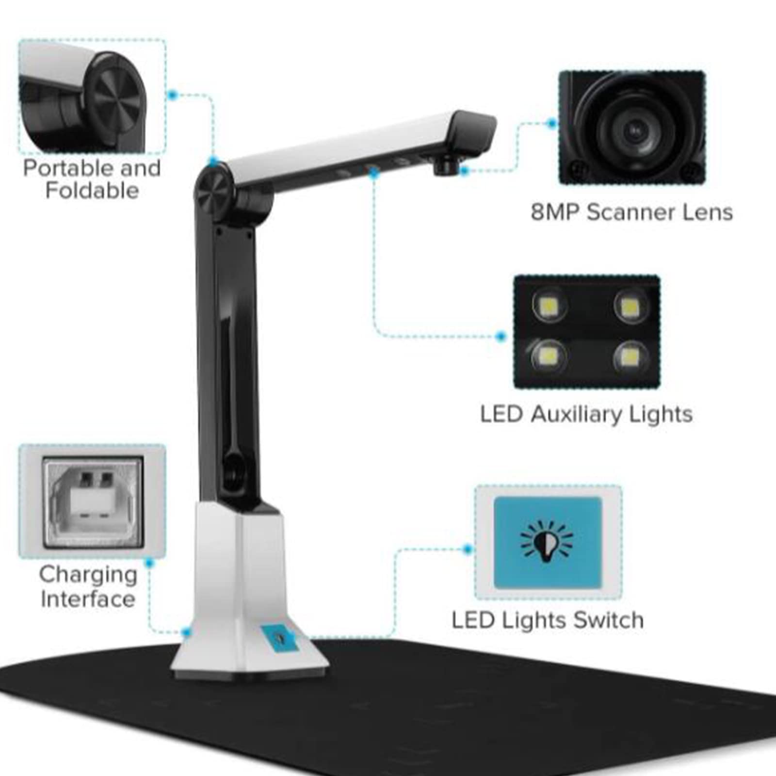 Escáner de cámara de documentos para profesores, escáner de libros A4 de 8 MP con corte inteligente de aplanamiento automático, captura portátil para uso en aula y oficina