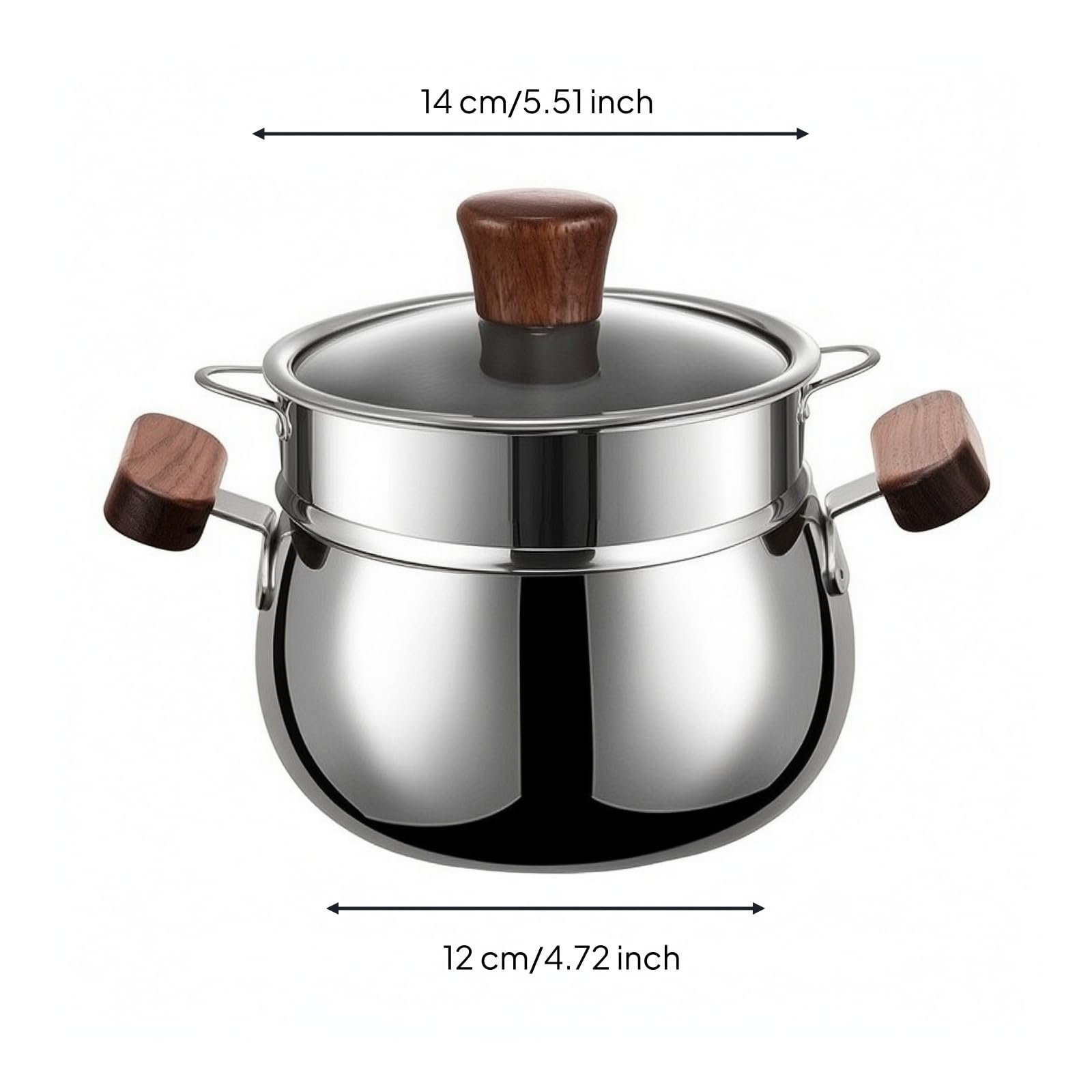 Pentola per Latte Pentolino Padella, 14cm, Manici Doppi In Legno Di Noce, 1200ml, Con Coperchio E Griglia Per Cottura A Vapore