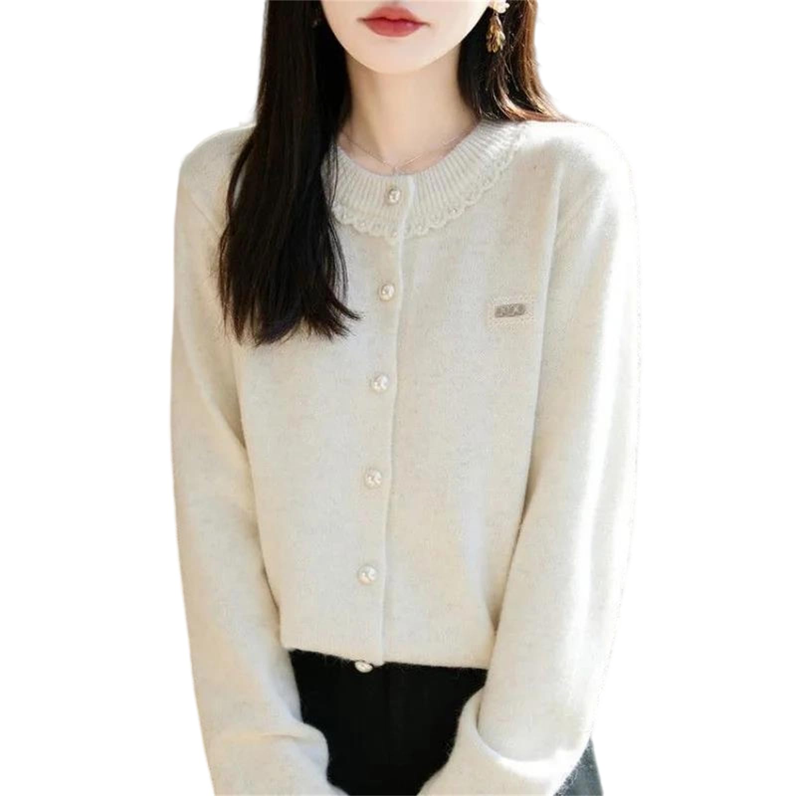 Cárdigan de punto con botones y perlas para mujer, cuello redondo, holgado, de punto de retazos, para otoño e invierno, elegante chaqueta de manga larga