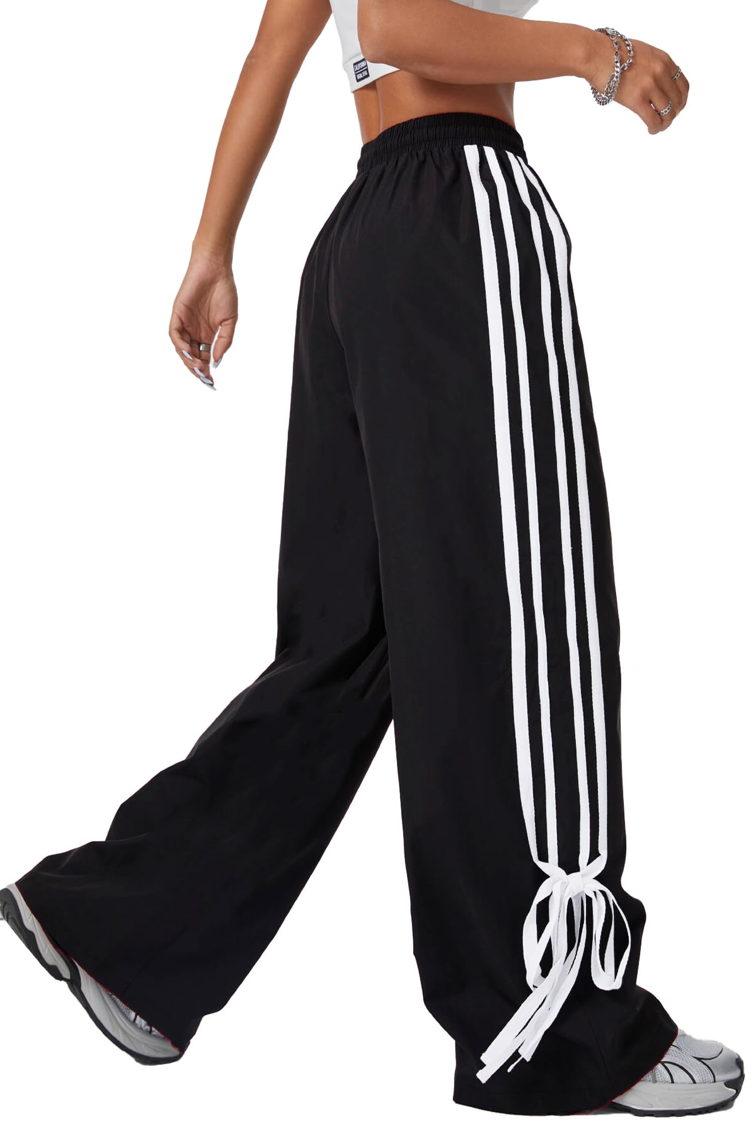 Women's Y2K Baggy Bow Wide Leg Pants Striped Track Elastic Waist Long Sweatpants Parachute Pants