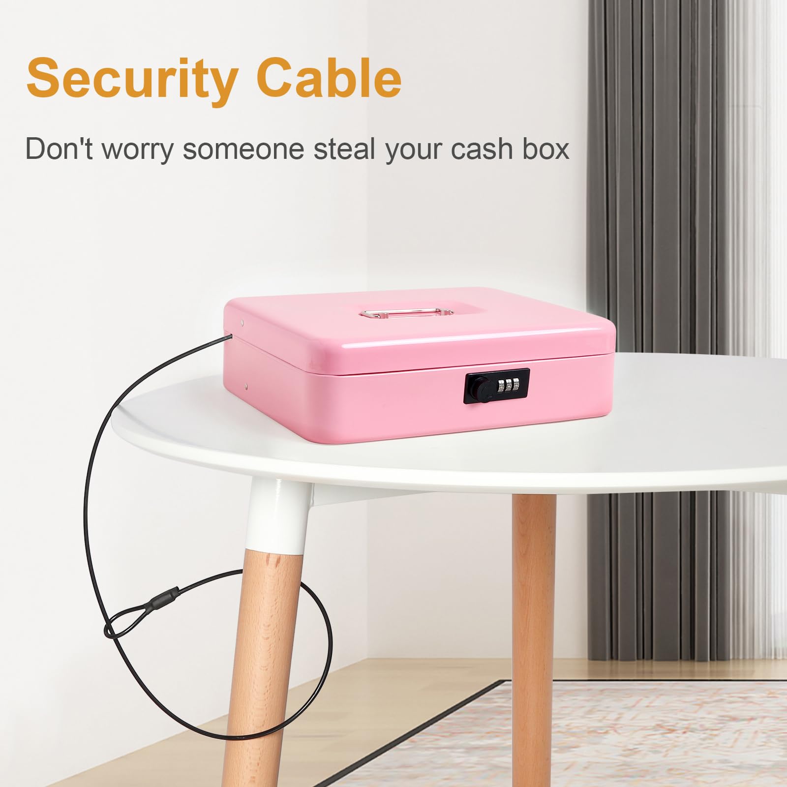 Jssmst Grande cassetta portavalori con vassoio per i soldi, in metallo, con serratura a combinazione, cassaforte con cavo di sicurezza, rosa
