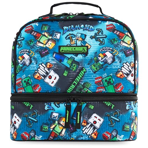 Get Trend Minecraft Kids Insulated Lunch Bag Dual Compartment Lightweight Cooler Bag with Handle for Kids Lunch Box & Snacks Travel School & Picnic Food Carrier Gamer Gifts for Boys (Blue)