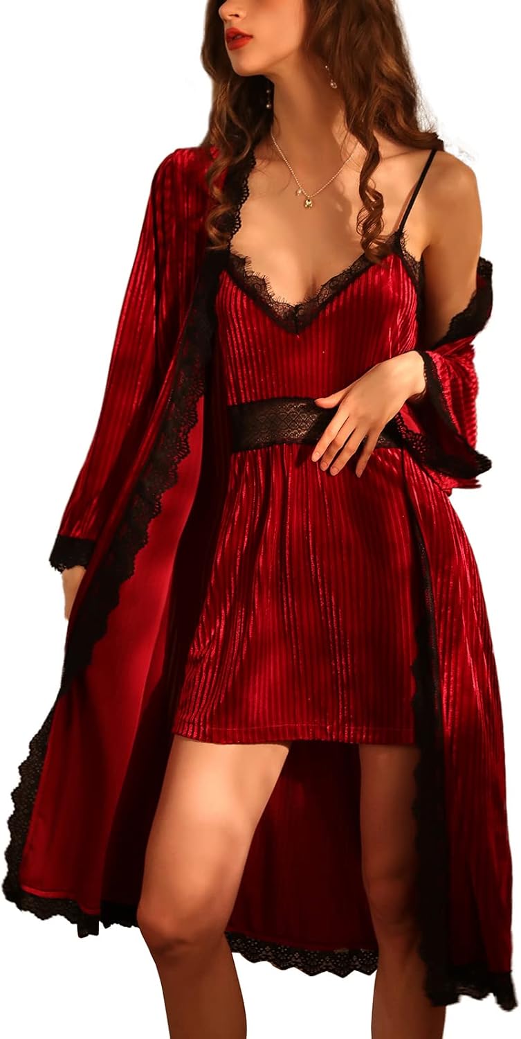 Women's Kimono Robe Set 2 Piece Sleepwear Lingerie Sexy Velvet Vintage Nightgown
