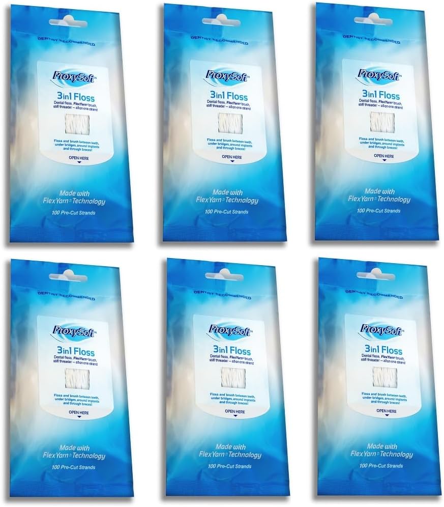ProxySoft 3-in-1 Dental Floss for Optimal Teeth Flossing​- 6 Packs Pre-Cut Ortho Floss Threaders for Braces, Tight Spaces, Bridges, Implants with Built-in Soft Proxy Brush and Stiff Threader Flosser