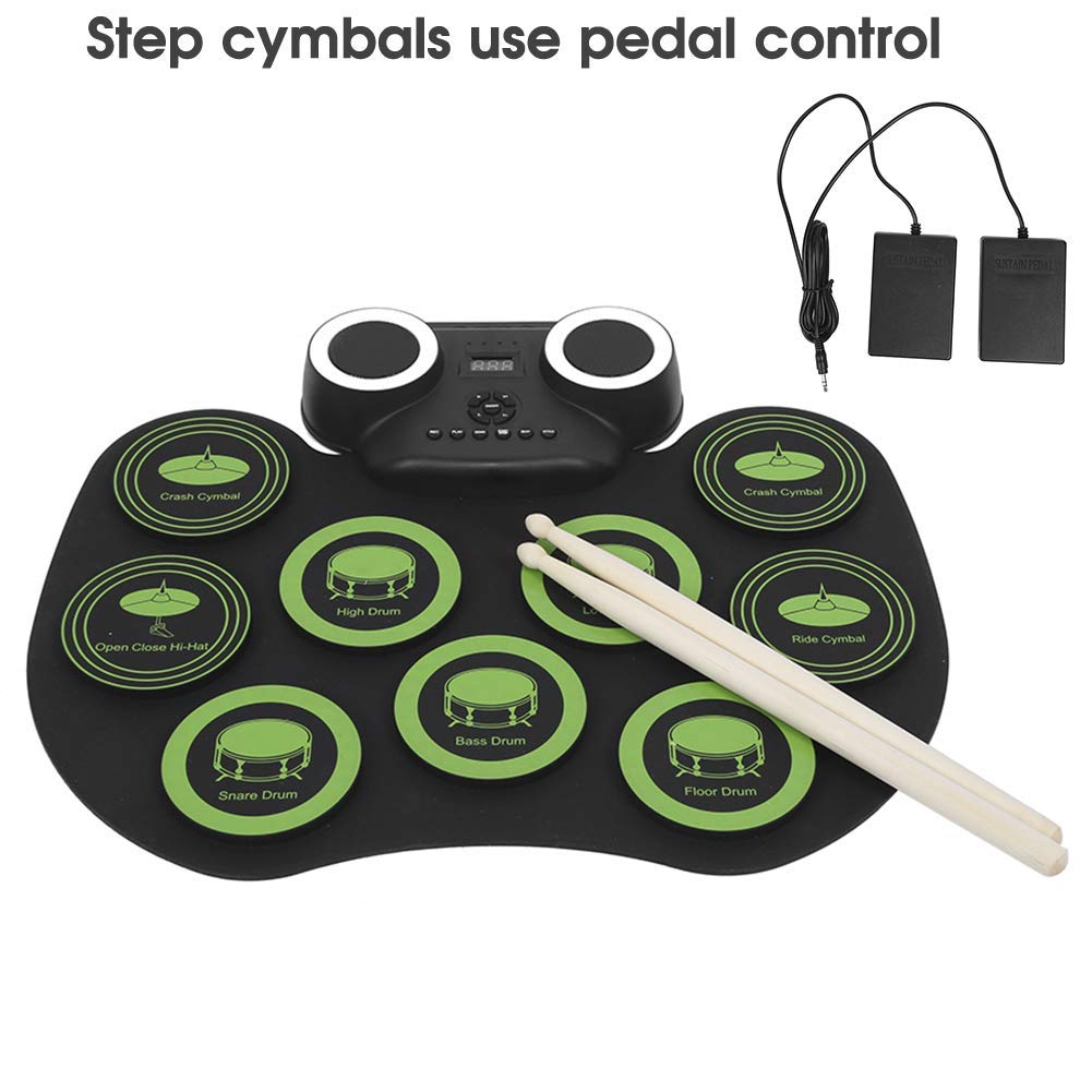 E Set Drum Kit, Kompaktes 9 Pad Bluetooth Schlagzeug mit Dual Lautsprechern, RGB Leuchten, leises Üben für Anfänger zu Hause, ABS Silikon 43,5 x 34 x 4 cm mit Sticks und Pedalen